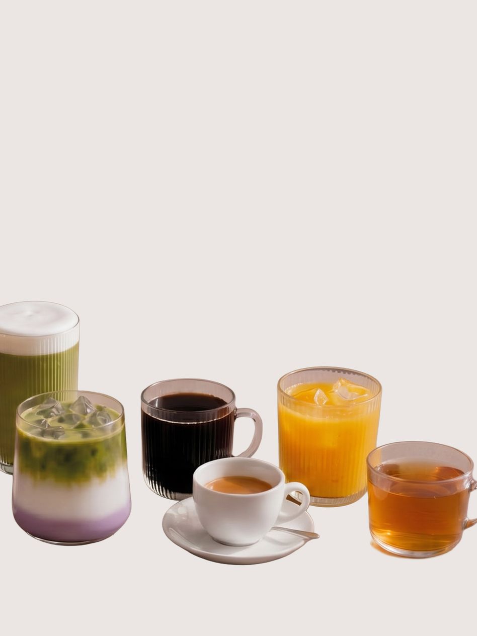 Coffee, juice, tea and iced ube matcha latte