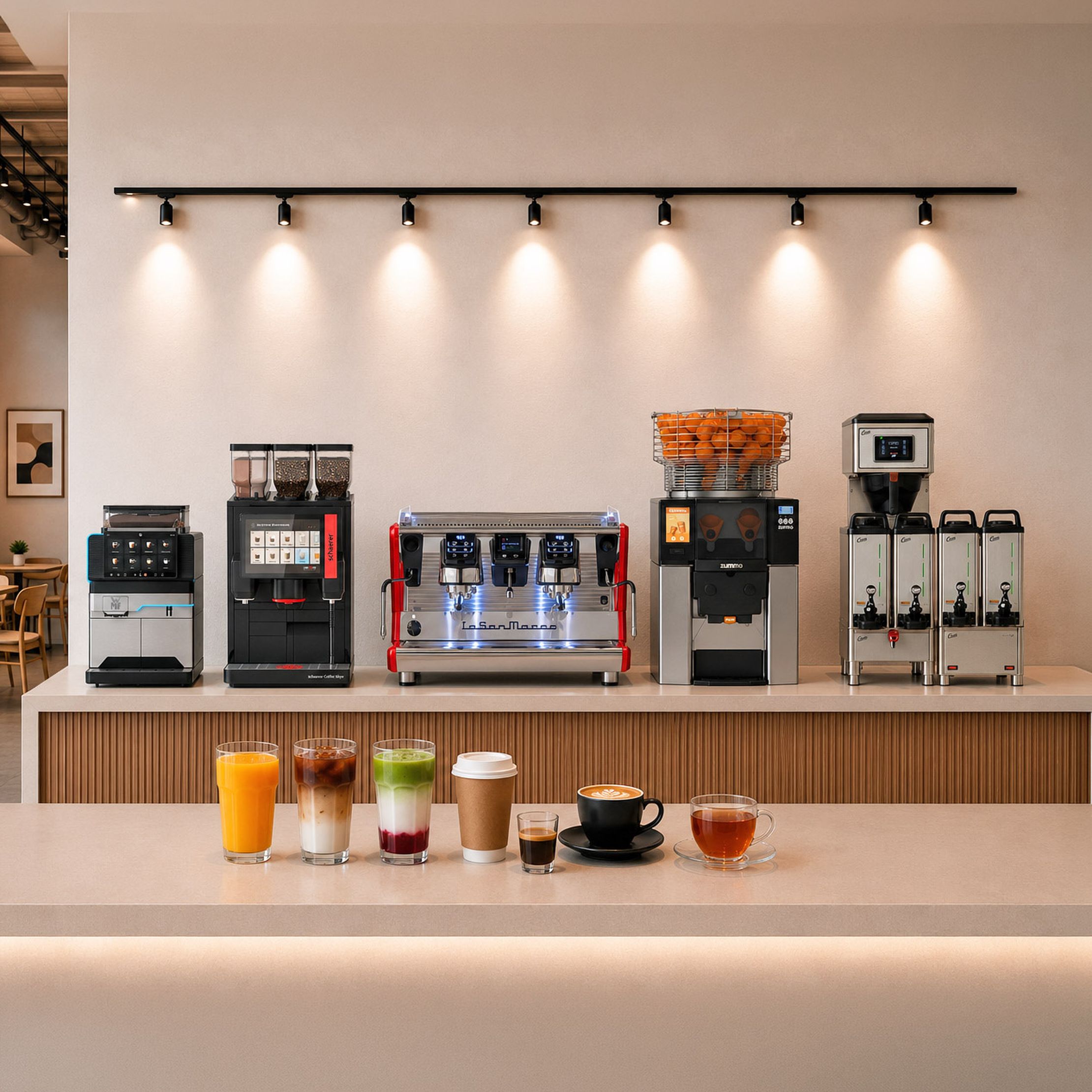 A row of coffee and juice machines on a counter; drinks like orange juice, lattes, and tea on a foreground table with a stool nearby.