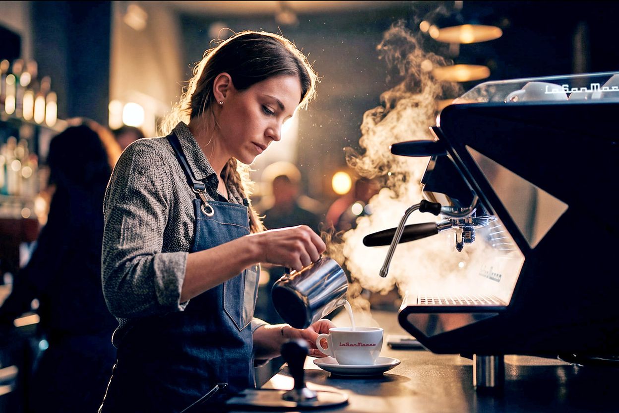 Woman doing latte art in a cup of cappuccino with the La San Marco espresso machine LA 125