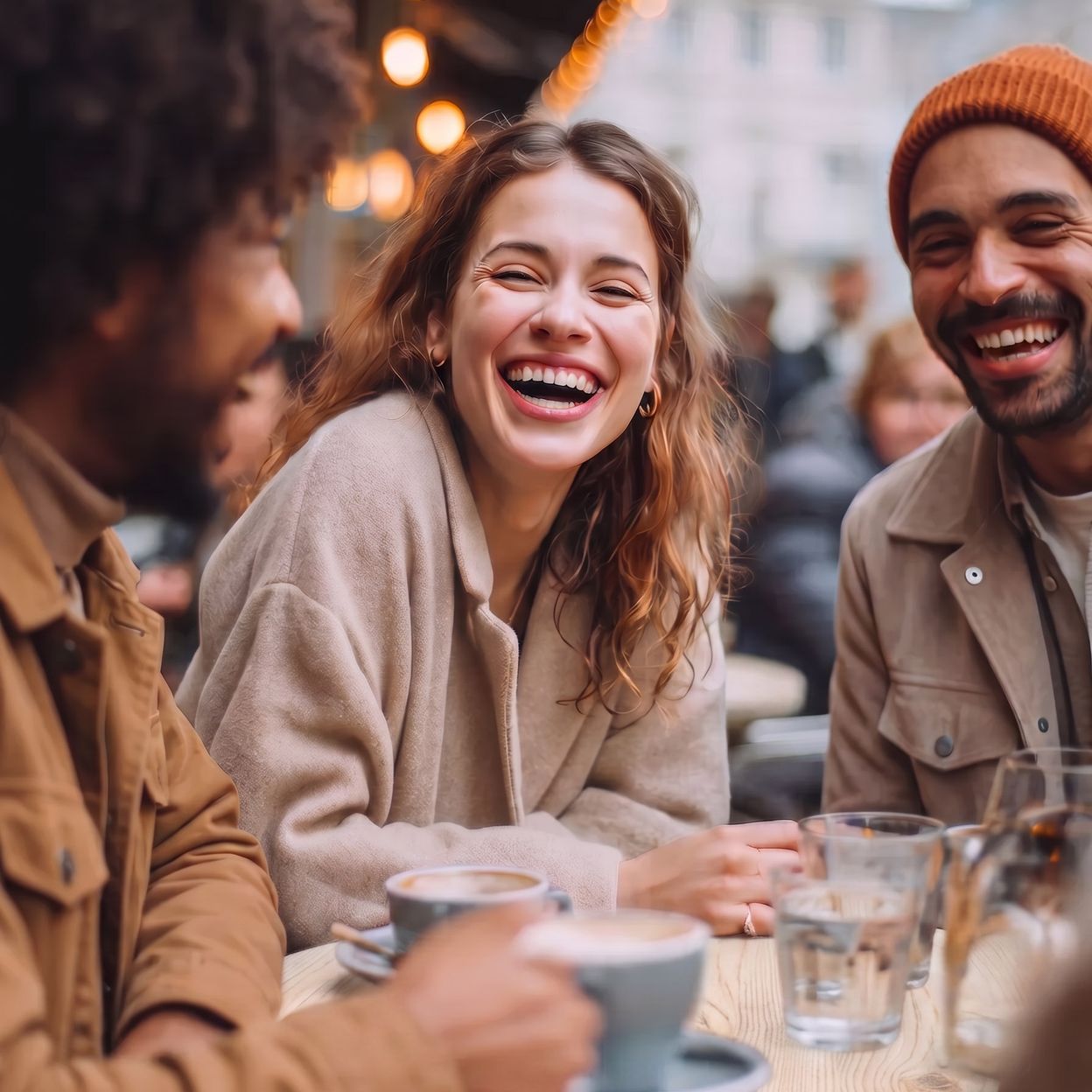 Two man and a woman, all from Gen Z, drinking coffee and other beverages