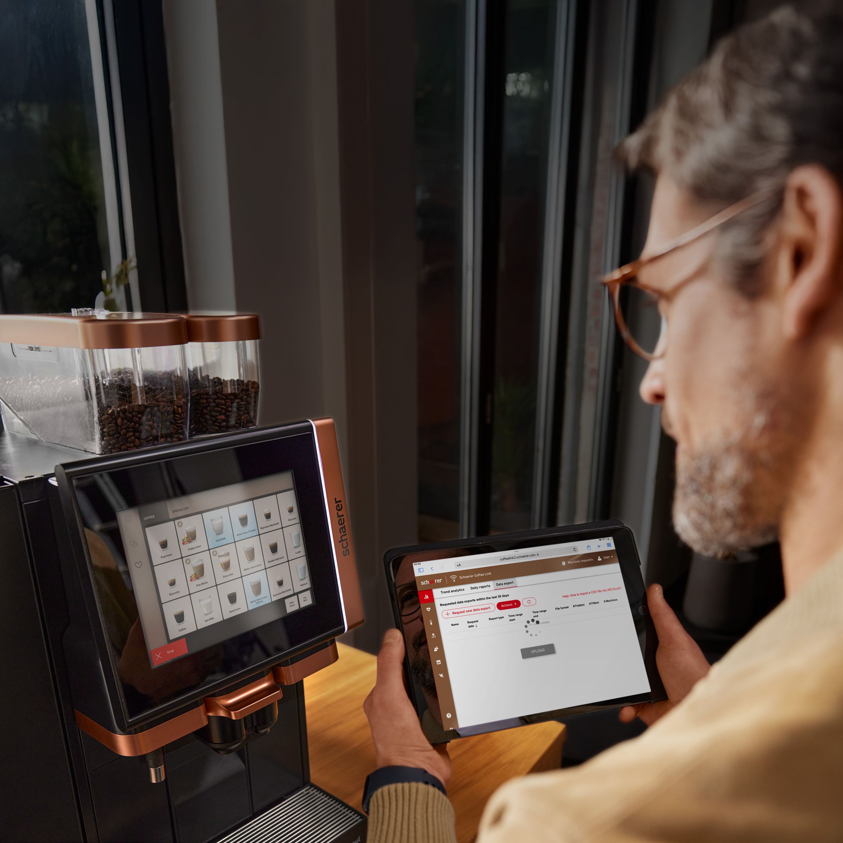 Digital solution on tablet with Schaerer Coffee Soul coffee machine