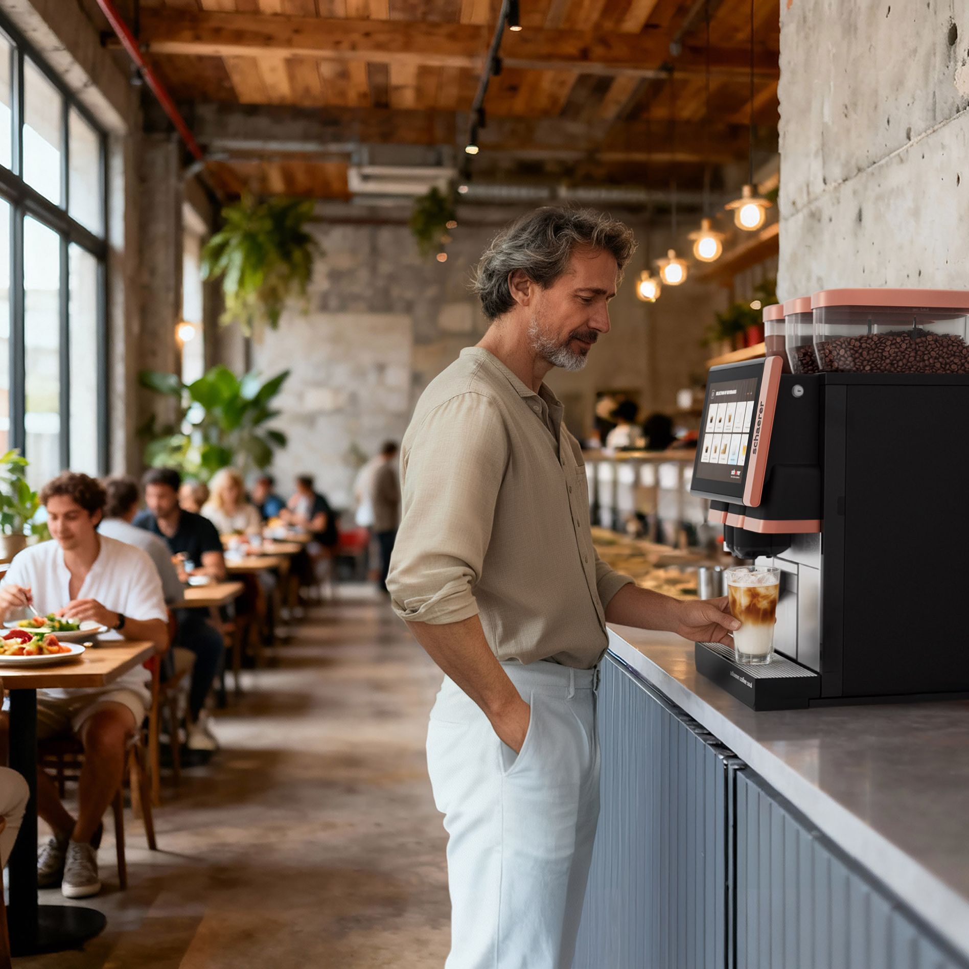 Man in a restaurant getting an iced coffee in self-service from a Schaerer Coffee Soul