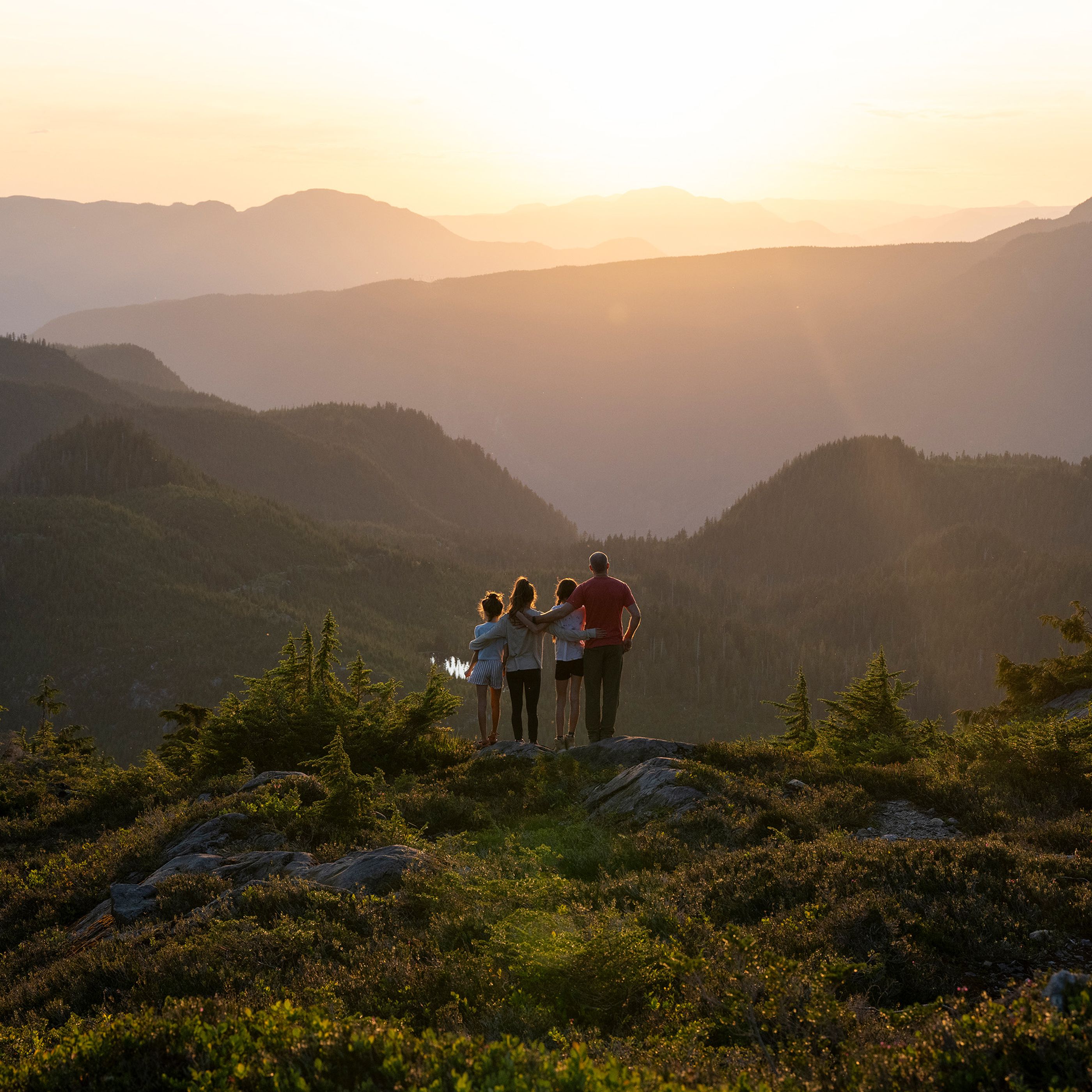 People in a green landscape with sunset